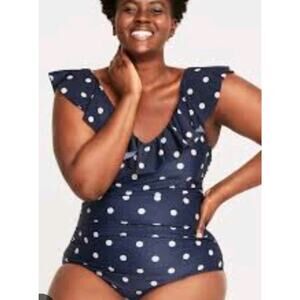 Old Navy Navy Blue Polka Dot One Piece Swimsuit Women Plus 2X Slimming Ruffle
